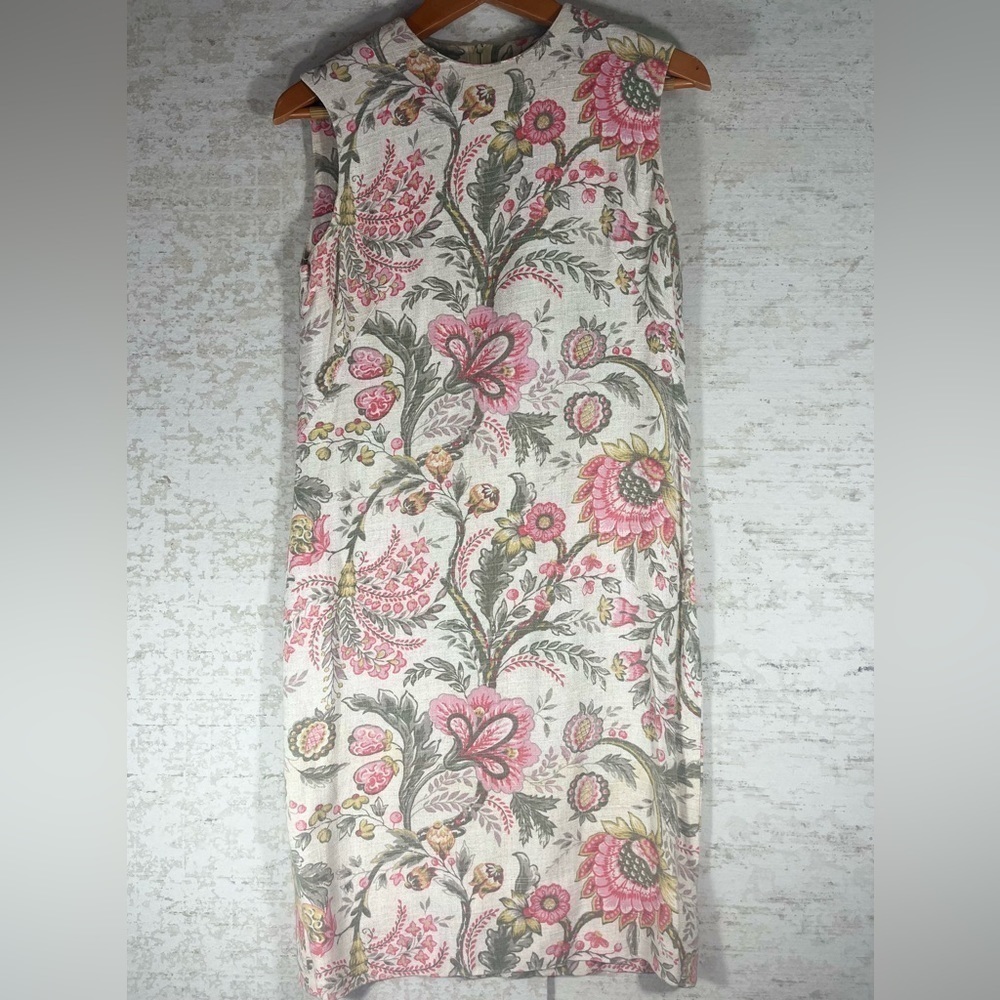 VINTAGE 60's Gay Gibson Floral Linen Midi Dress Rope Belt Sz S - Picture 2 of 11